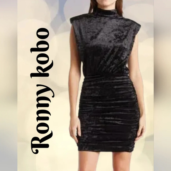 Ronny Kobo Adele Black Crushed Velvet High Neck Cinced Side Cocktail Dress - Picture 1 of 13